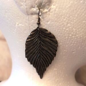 Old Metallic Toned Textured Leaf Shaped Drop Dangle Hook Earrings